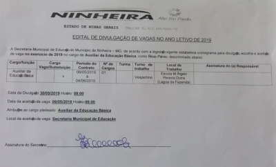 EDITAL DE DIVULGAÇÃO DE VAGAS DO ANO LETIVO 2019 - AUXILIAR DE EDUCACAO BASICA II