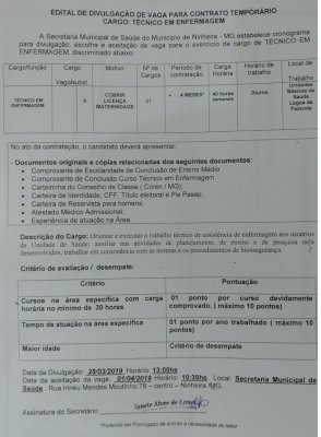 EDITAL DE DIVULGAÇÃO DE VAGA PARA CARGO TEMPORÁRIO CARGO: TÉCNICO EM ENFERMAGEM 